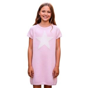 Crazy8 Sweater Dress Girl L 10/12 Pink Knit Short Sleeve Cream Star Casual Style